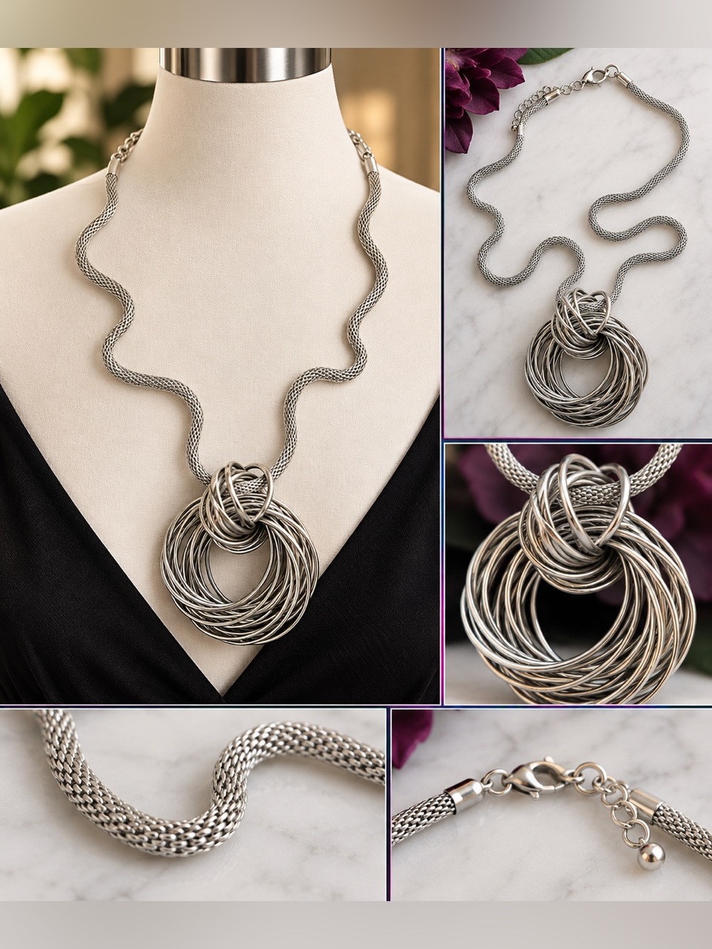 Stunning Silver Statement Necklace – Sculptural Multi-Ring Pendant